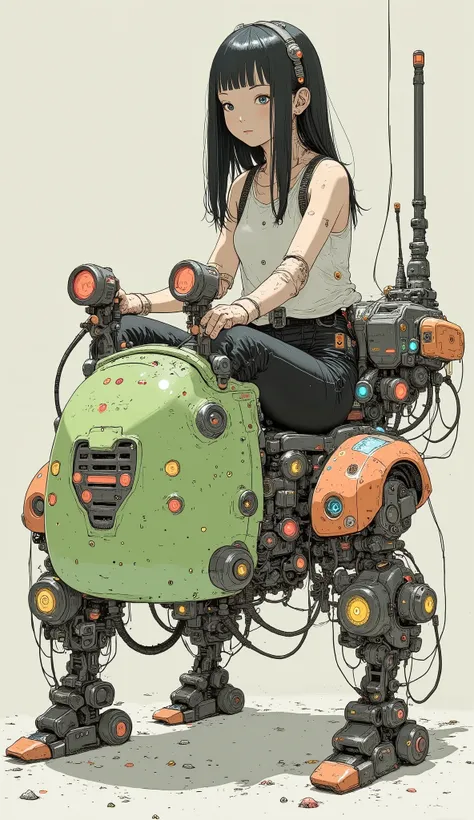 若い女性but創造的にデザインされた, I'm wearing a robotic vehicle similar to a mix of a car and a multi-legged robot. 乗り物は鮮やかな色but特徴です, suggest, green, orange. Sitting 。ヘッドライトやグリルなどの車のような要素butあります, but、The base is visible from decorative stickers such as stars and smiley ...