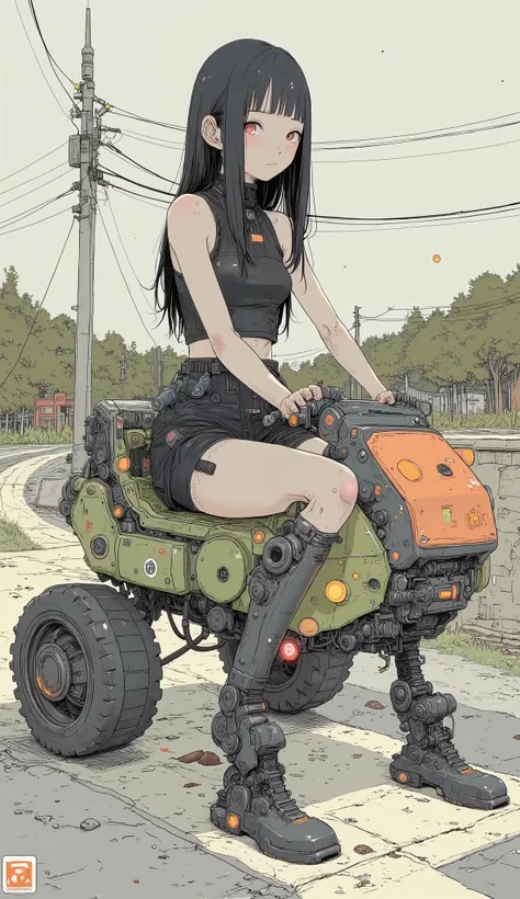 若い女性but創造的にデザインされた, I'm wearing a robotic vehicle similar to a mix of a car and a multi-legged robot. 乗り物は鮮やかな色but特徴です, suggest, green, orange. Sitting 。ヘッドライトやグリルなどの車のような要素butあります, but、The base is visible from decorative stickers such as stars and smiley ...