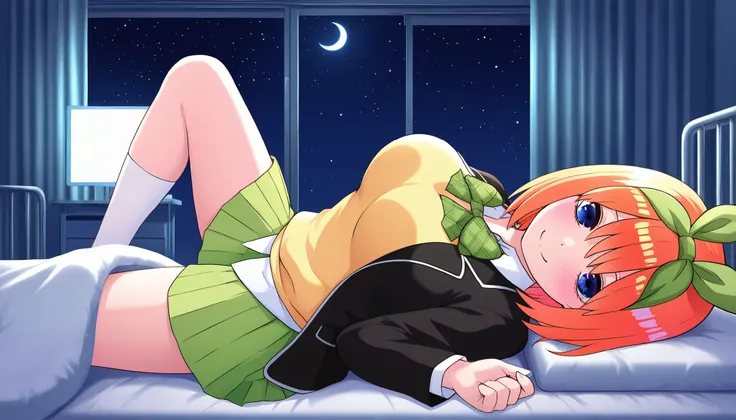 1girl,unwellness sickness nakano yotsuba, large breasts, orange hair, blue eyes, short hair, hair between eyes green bow hairband, black blazer, open blazer, yellow sweater vest, white collared shirt, bowtie, plaid bowtie, green skirt, pleated skirt,knee u...