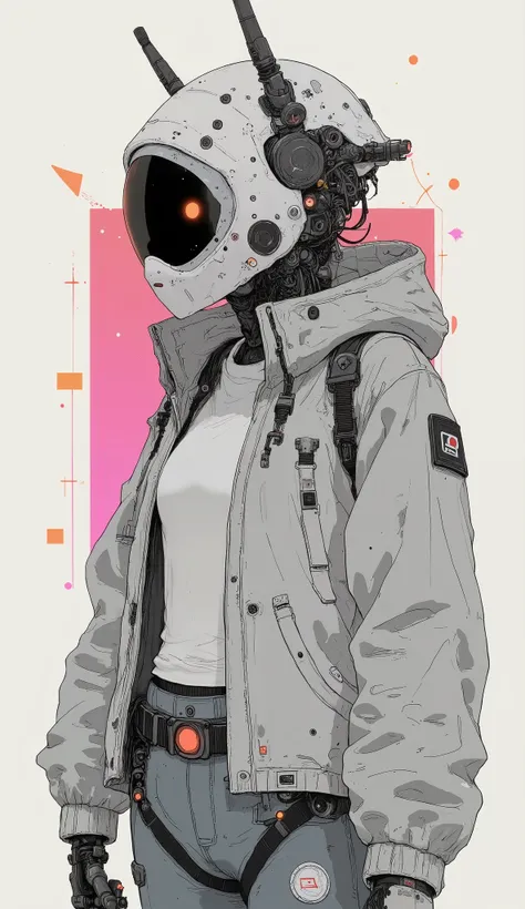profile、has attractive characters that fit perfectly in the light, Light Grey Background , blends futuristic robotics elements with modern fashion. The upper body is occupied by a helmet reminiscent of Gundam、, on a simple, and make you feel the influence ...
