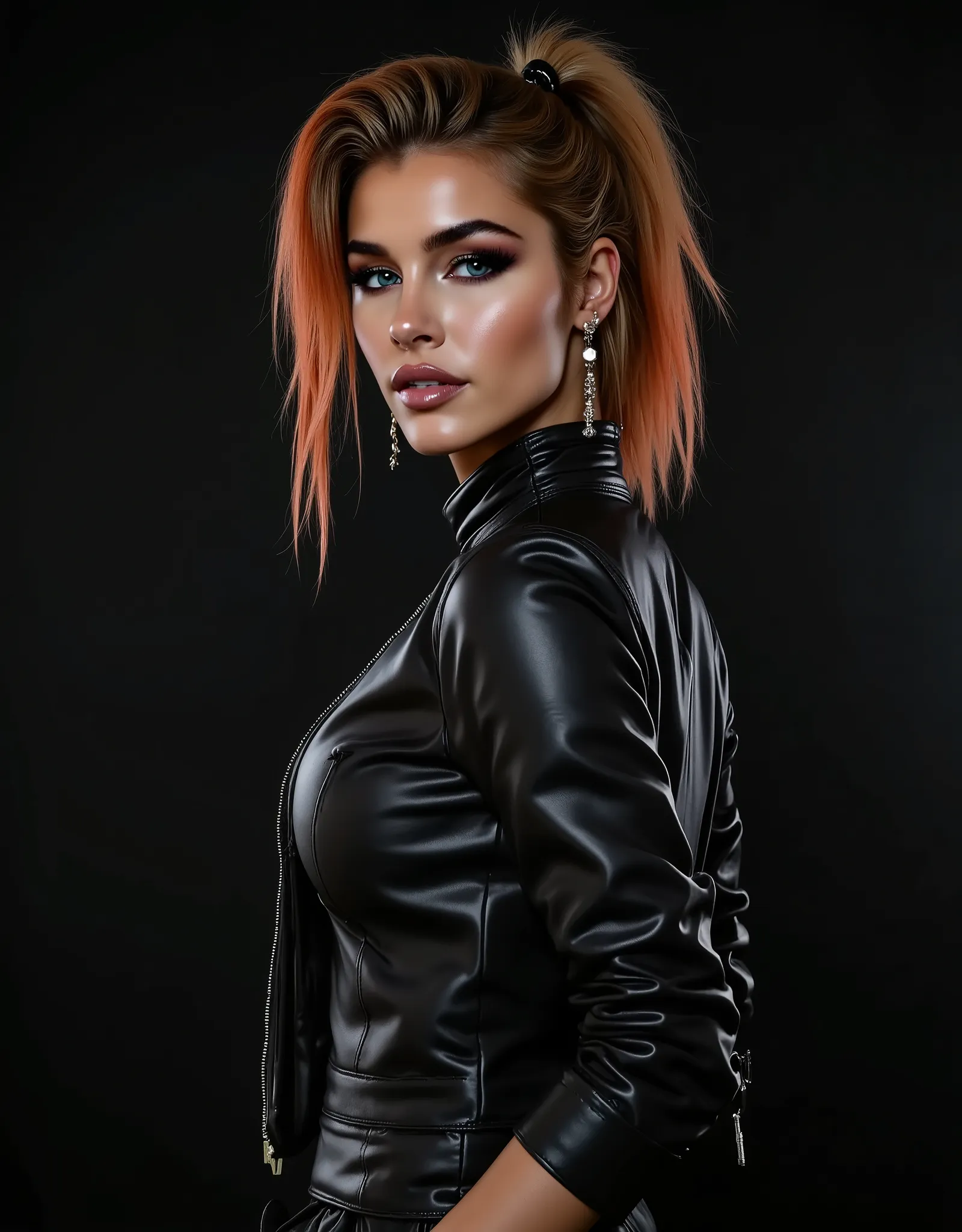 Gorgeous steampunk woman (Jean Watts) with very short straight hair in a high ponytail, wet hair, hair slicked back, combed straight back, slick hair, black to orange gradient hair, wearing a leather jacket with nothing underneath and mini skirt, perfect e...