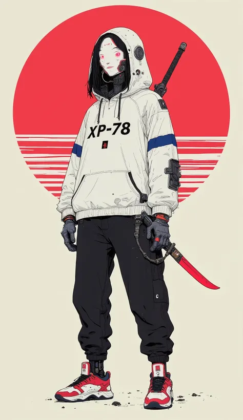 The stylized character combines elements of futuristic design and urban street fashion. this figure stands confidently , He wears a white hoodie with blue and red stripes, Displays text prominently "XP-78." A hood covers his sleek robotic head,Gundam Head、...