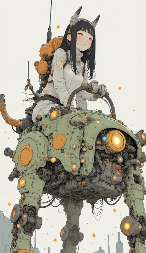 若い女性but創造的にデザインされた, I'm wearing a robotic vehicle similar to a mix of a car and a multi-legged robot. 乗り物は鮮やかな色but特徴です, suggest, green, orange. Sitting 。ヘッドライトやグリルなどの車のような要素butあります, but、The base is visible from decorative stickers such as stars and smiley ...