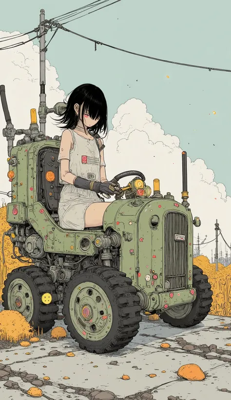 若い女性but創造的にデザインされた, I'm wearing a robotic vehicle similar to a mix of a car and a multi-legged robot. 乗り物は鮮やかな色but特徴です, suggest, green, orange. Sitting 。ヘッドライトやグリルなどの車のような要素butあります, but、The base is visible from decorative stickers such as stars and smiley ...