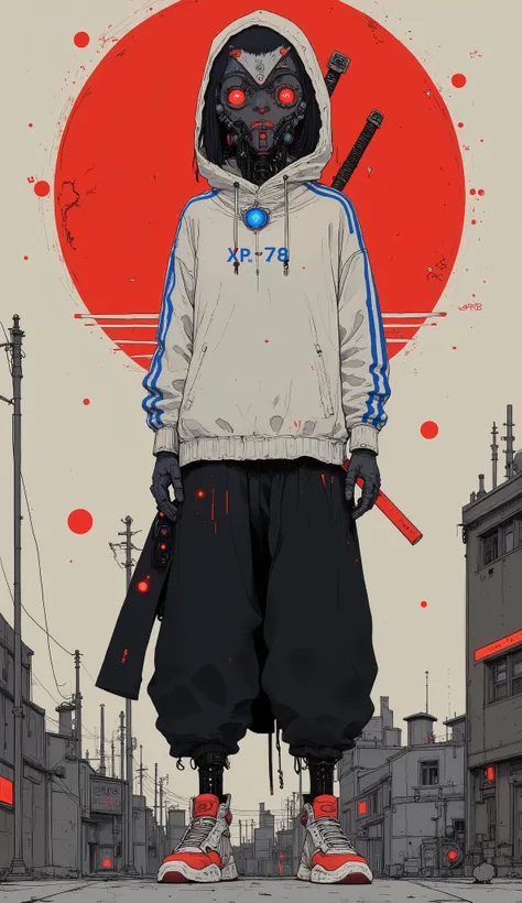 The stylized character combines elements of futuristic design and urban street fashion. this figure stands confidently , He wears a white hoodie with blue and red stripes, Displays text prominently "XP-78." A hood covers his sleek robotic head,Gundam Head、...