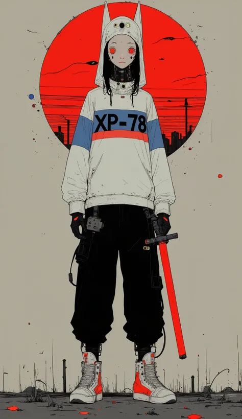 The stylized character combines elements of futuristic design and urban street fashion. this figure stands confidently , He wears a white hoodie with blue and red stripes, Displays text prominently "XP-78." A hood covers his sleek robotic head,Gundam Head、...