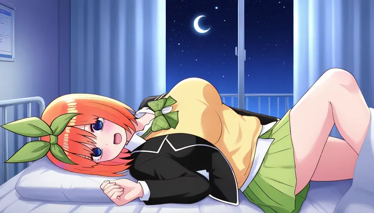 1girl,unwellness sickness nakano yotsuba, large breasts, orange hair, blue eyes, short hair, hair between eyes green bow hairband, black blazer, open blazer, yellow sweater vest, white collared shirt, bowtie, plaid bowtie, green skirt, pleated skirt,knee u...