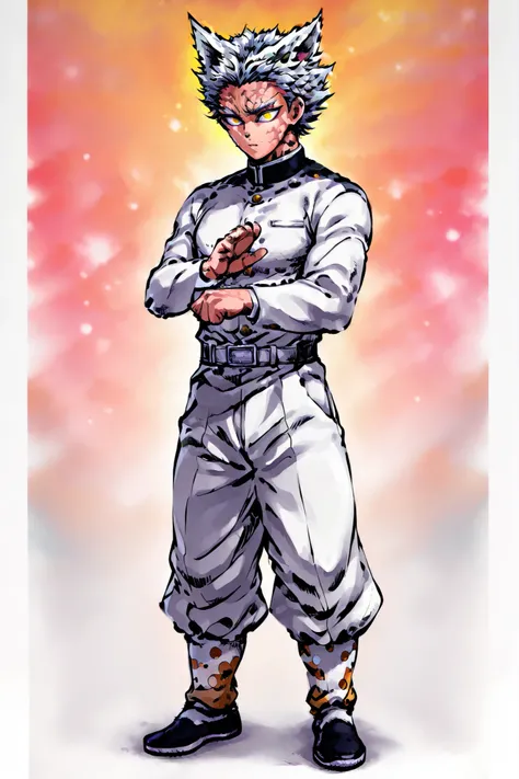 colorful back background with silver hair and yellow eyes based on a Demon Slayer illustration, gay, One Punch Man[garou], Full body illustration. Garou. White uniform pants. black neck polar tee. clearly shows the shape of the body. 5 fingers