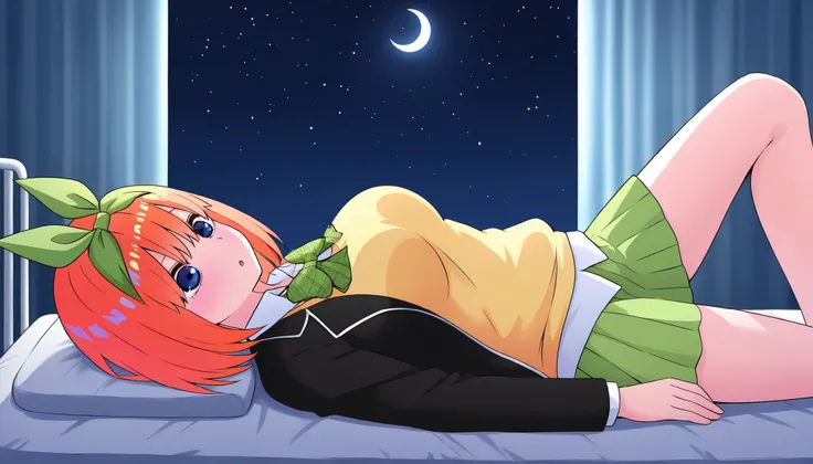 1girl,unwellness sickness nakano yotsuba, large breasts, orange hair, blue eyes, short hair, hair between eyes green bow hairband, black blazer, open blazer, yellow sweater vest, white collared shirt, bowtie, plaid bowtie, green skirt, pleated skirt,knee u...