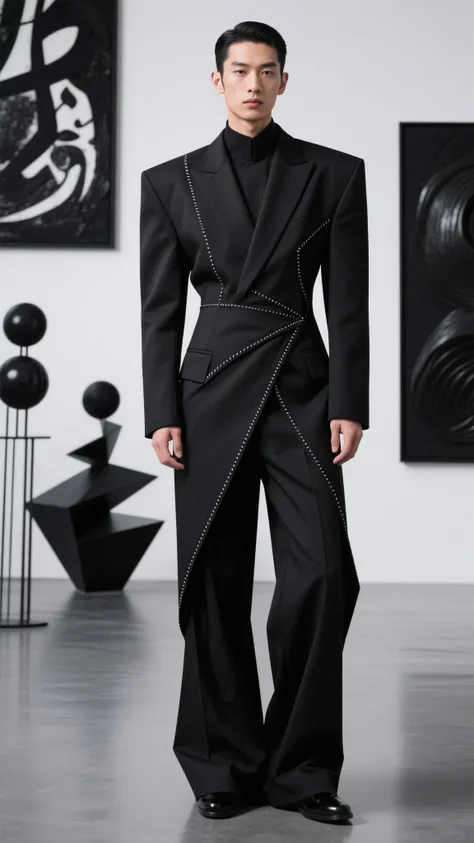 A men's dress with a black cultural tailoring style，Main color is black ，using a large number of geometric shapes and clean lines，forms a three-dimensional silhouette。The dress has exquisite tailoring details，such as unique stitching and asymmetrical design。The model stands in a space full of modernity and black cultural elements，Surrounded by abstract black art paintings and modern installation art，Embodying extreme aesthetics。