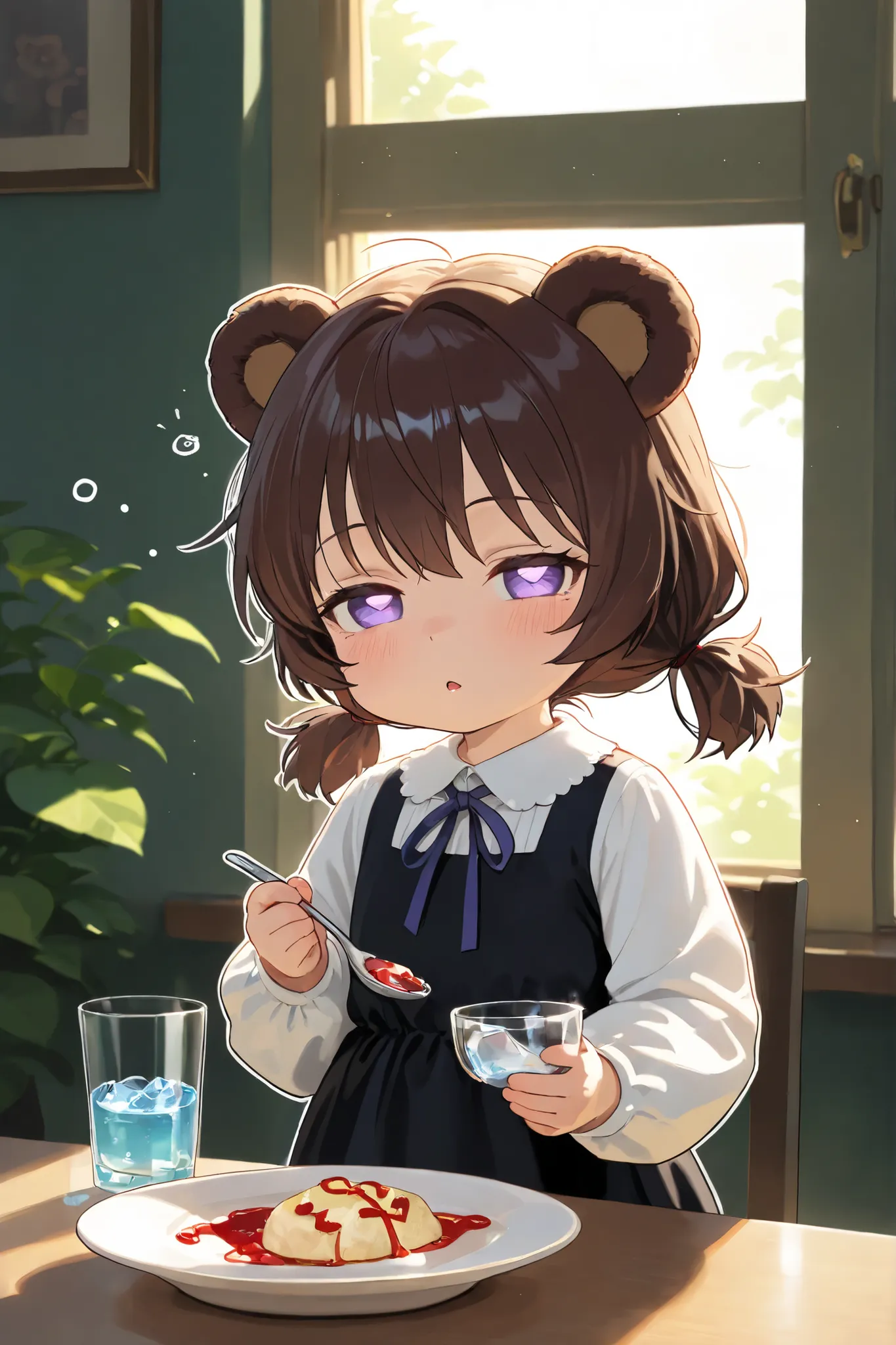 (master piece, professional quality, high resolution, 8k, ultra detailed), Comic art, 1 toddler, Very cute , Highly detailed beautiful face, look at viewer, Bear ears littlegirl, upper body, tsundere, Grab the spoon, dining, Munch, high-key lighting, natu...