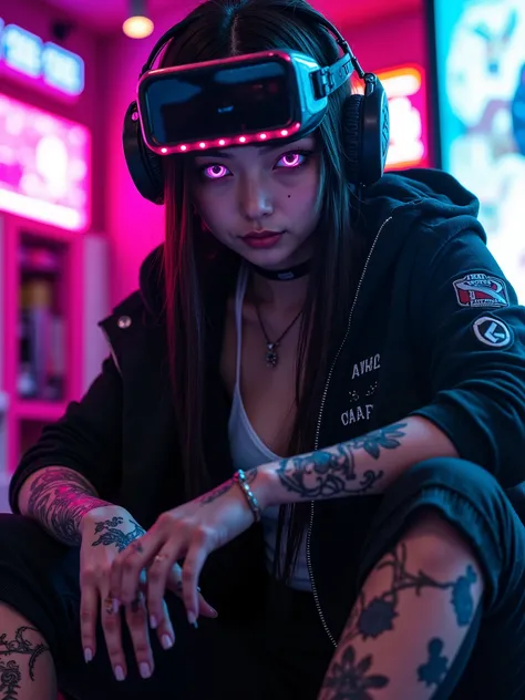 japonesa ,with bright eyes ,sorrindo ,old and torn clothes , trapo ,intricate tattoo , headphone , cyborg arms , dynamic sitting pose, black jacket with neon, cyberpunk background,, square night vision goggles