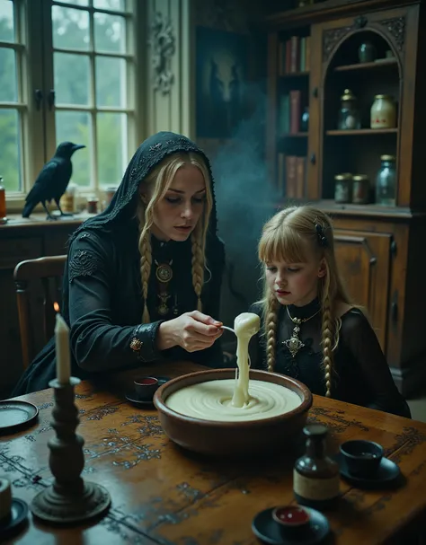 Scene in a Swedish household, A mother is dressed in witch's dress, black clothing, long blonde hair, braids, amulets, charms, a young girl sits at the table with her, in a sheer black bodysuit, hair is blonde, longish, bangs, the mother is feeding the gir...