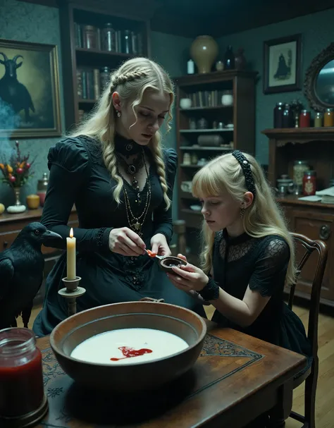 Scene in a Swedish household, A mother is dressed in witch's dress, black clothing, long blonde hair, braids, amulets, charms, a young girl sits at the table with her, in a sheer black bodysuit, hair is blonde, longish, bangs, the mother is feeding the gir...