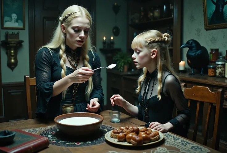 Scene in a Swedish household, A mother is dressed in witch's dress, black clothing, long blonde hair, braids, amulets, charms, a young girl sits at the table with her, in a sheer black bodysuit, hair is blonde, longish, bangs, the mother is feeding the gir...