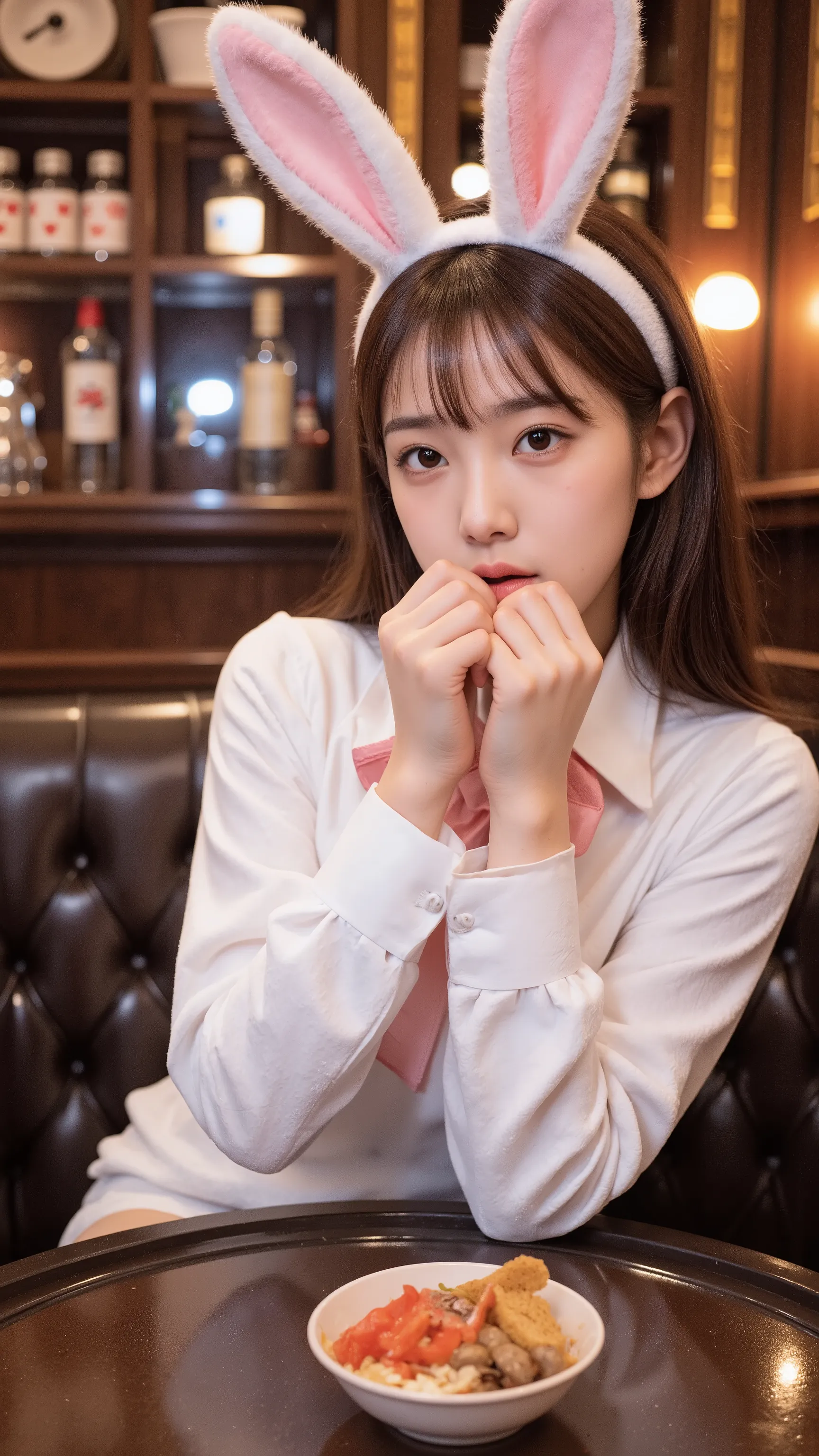 Girl Eating in a Hold'em Pub . Her face is that of a cute Korean woman. she is wearing a bunny girl bodysuit showing her big breasts, collar , Rabbit Girl's Headband , bow tie, Rabbit Girl's Coat , Rabbit Girl's Stocking and Tail . She's holding a ...
