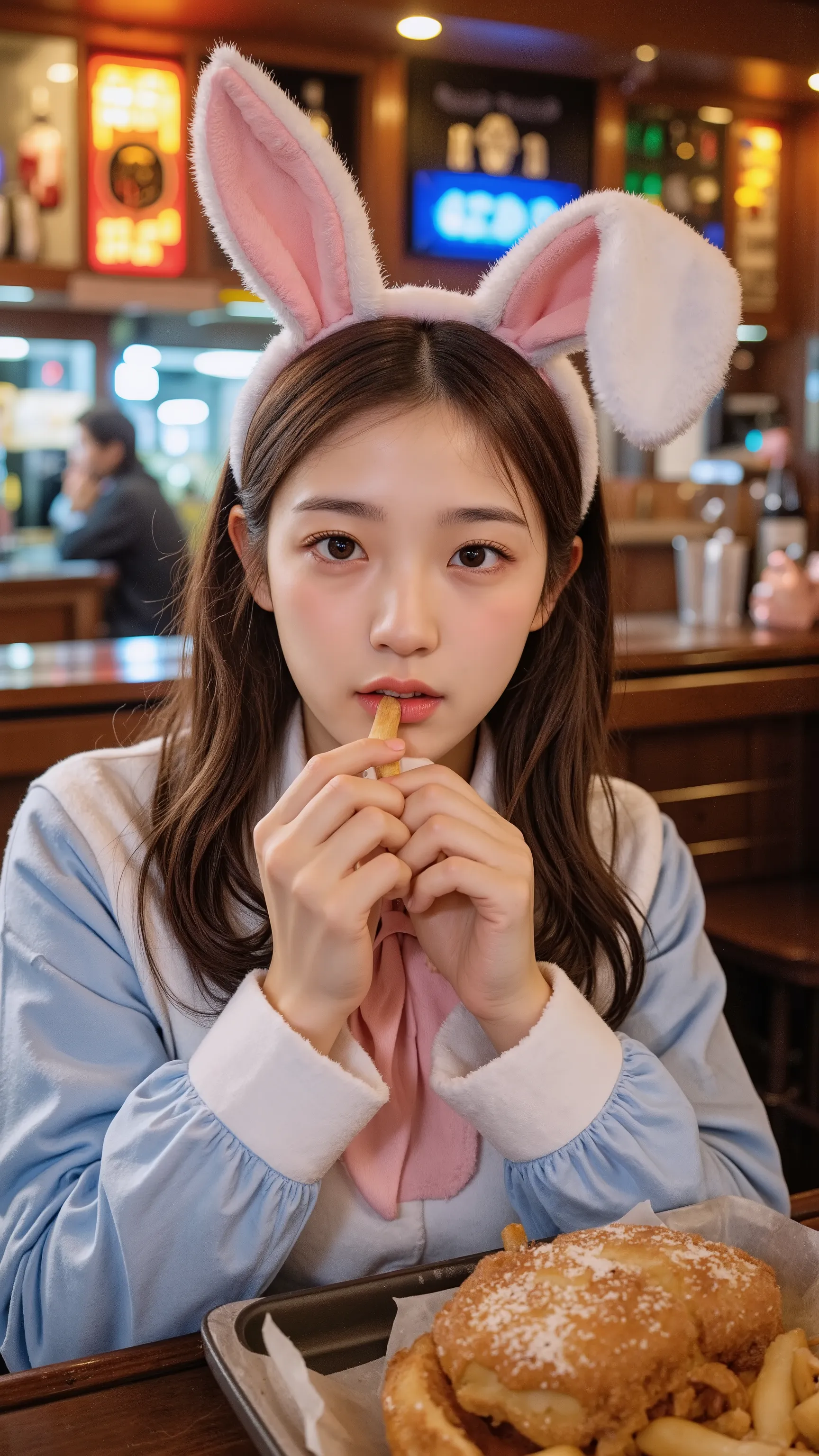 Girl Eating in a Hold'em Pub . Her face is that of a cute Korean woman. she is wearing a bunny girl bodysuit showing her big breasts, collar , Rabbit Girl's Headband , bow tie, Rabbit Girl's Coat , Rabbit Girl's Stocking and Tail . She's holding a ...