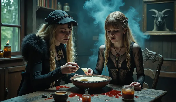 Scene in a Swedish household, A mother is dressed in witch's dress, black clothing, long blonde hair, braids, amulets, charms, a young girl sits at the table with her, in a sheer black bodysuit, hair is blonde, longish, bangs, the mother is feeding the gir...