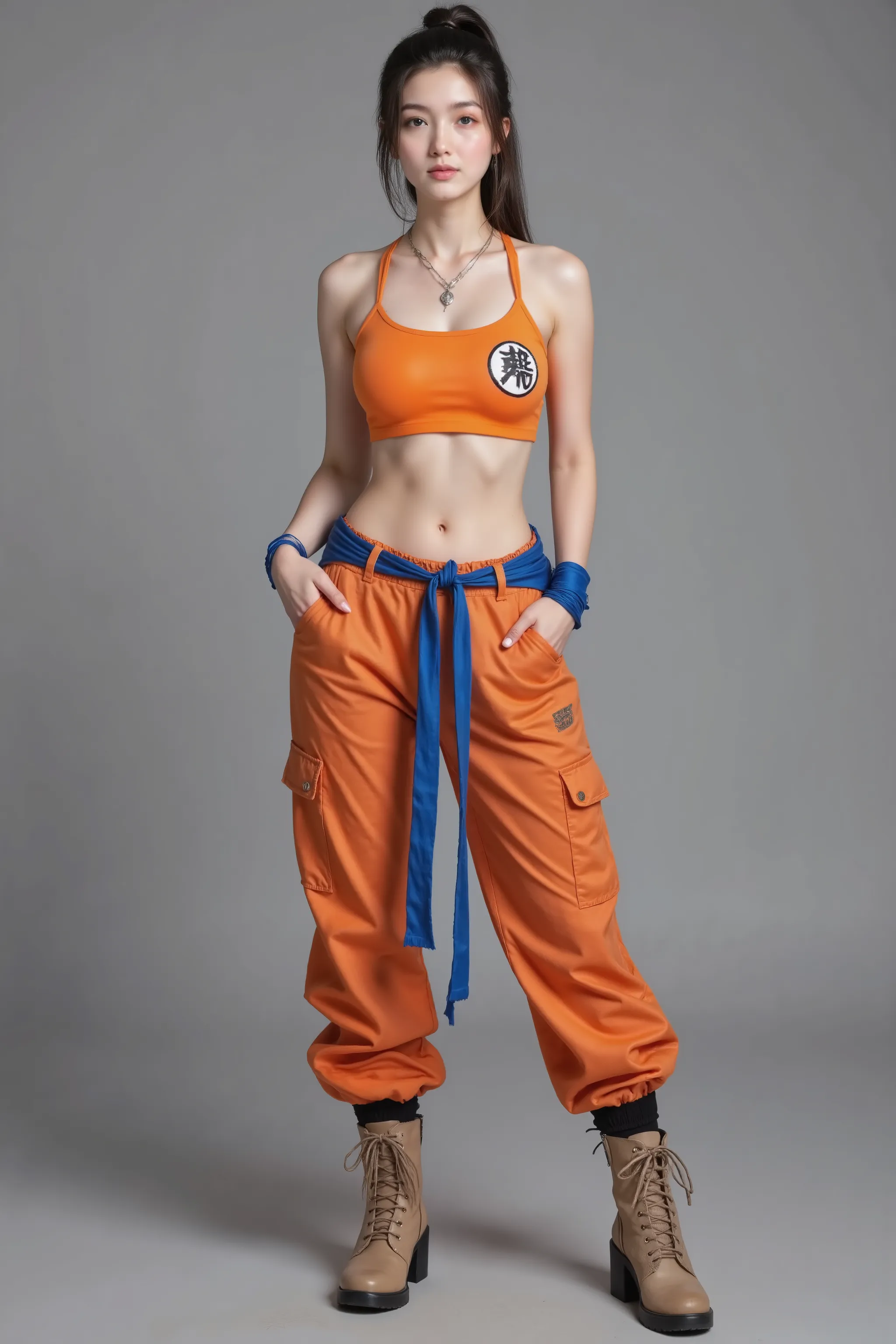 arafed woman in orange top and orange pants posing for a picture, female goku, character dragonball, goku in real life, saiyan girl, bulma from dragon ball, human goku, dragon ball style, photorealistic human goku, goku from dragon ball, inspired by Akira ...