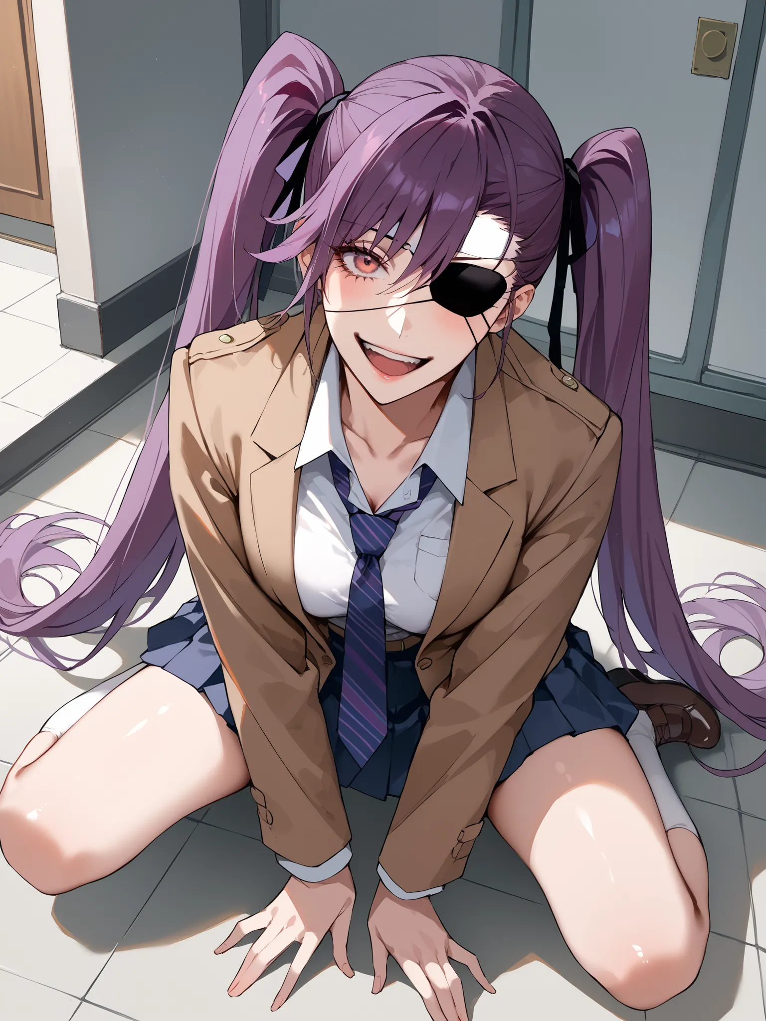Eye patch、Poop sitting、Squat、 sits on the floor、 brown blazerを羽織る、 purple hair、Long sleeve shirt、、Twin tails that reach down to the waist、uniform、School corridor、Open the chest、 ties、 yandere,  yandere、  Eerie Smile , Crazy Laughter, I stopped laughing fro...