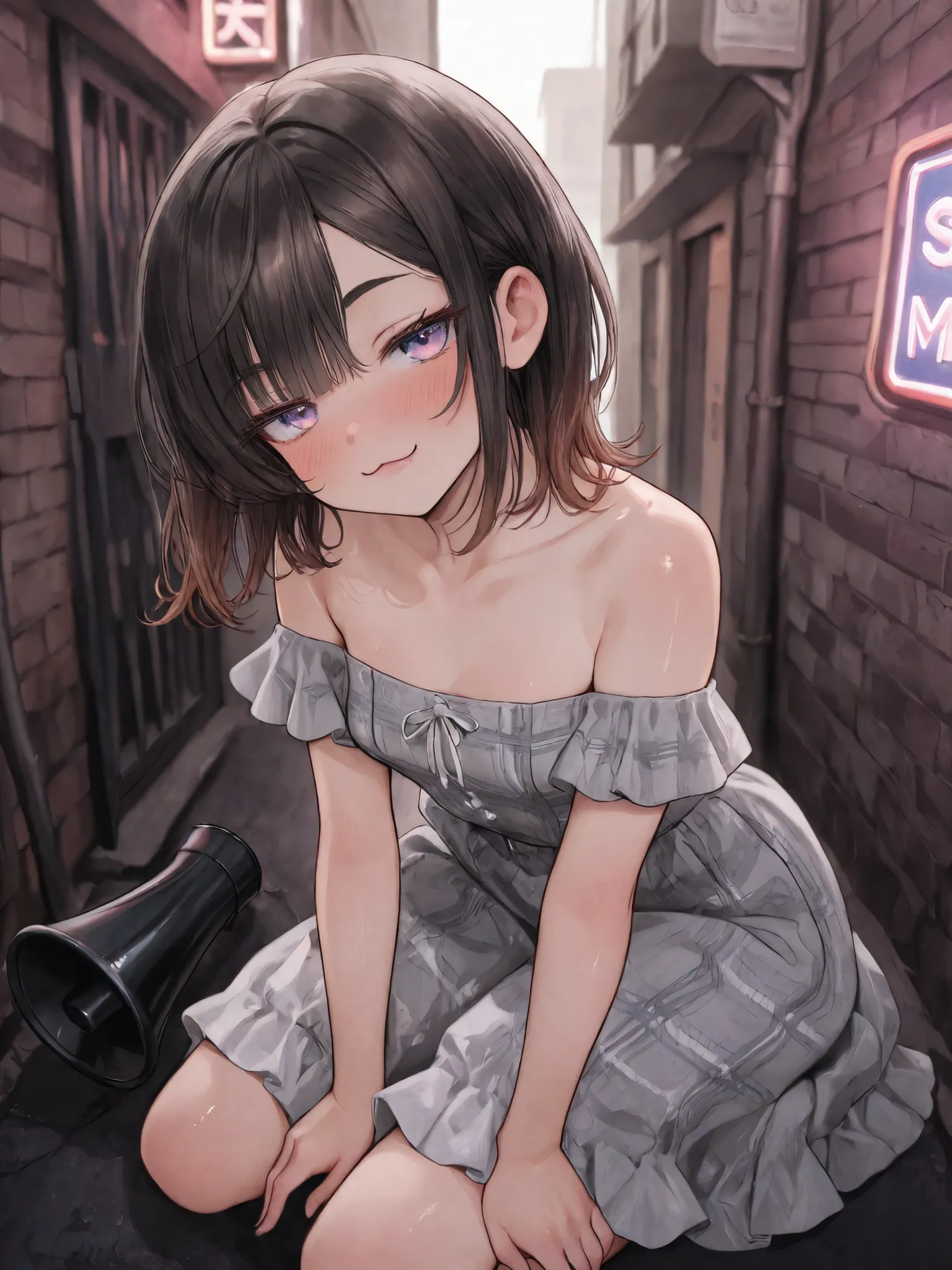 ((Masterpiece)), ((best quality, very aesthetic, absurdres, newest)), (8K), (cinematic lighting), ((1girl)), (cute young girl), (Healthy body, Textured skin, small breast, tilt head), Glossy hair, (Asymmetrical bangs, long side bangs), (medium hair, dark b...