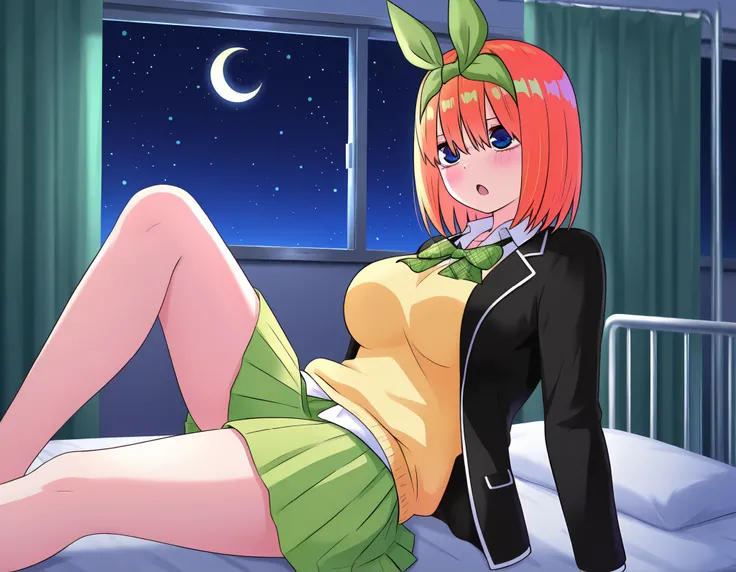 1girl,unwellness sickness nakano yotsuba, large breasts, orange hair, blue eyes, short hair, hair between eyes green bow hairband, black blazer, open blazer, yellow sweater vest, white collared shirt, bowtie, plaid bowtie, green skirt, pleated skirt,knee u...