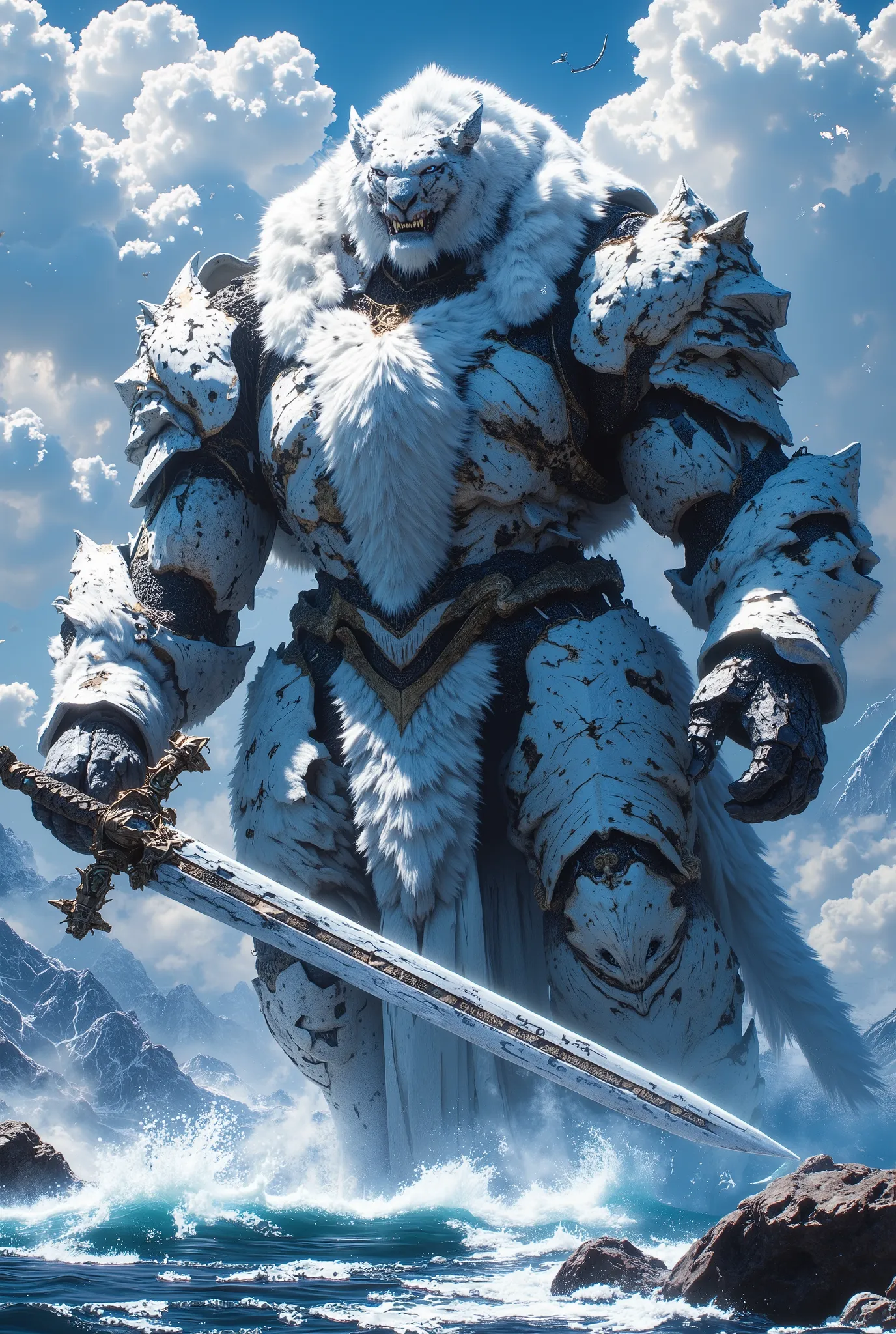 Giant Ice Tiger, wearing Metal SUIT, Carrying Big sword, Calamity Fire Iceberg As Ultimate Power