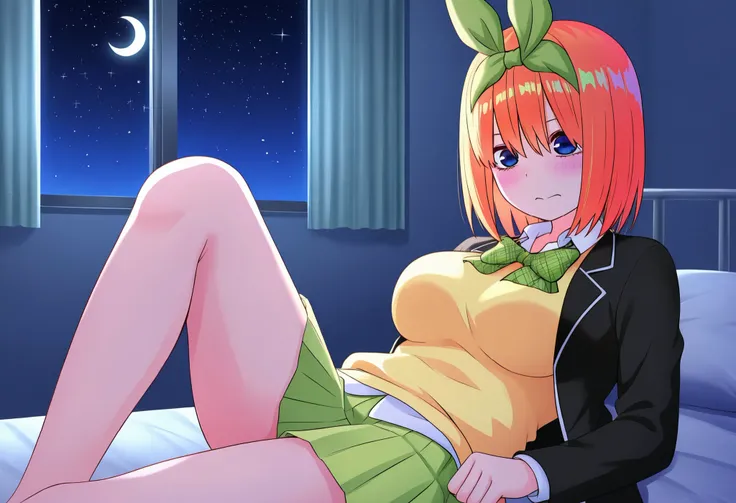 1girl,unwellness sickness nakano yotsuba, large breasts, orange hair, blue eyes, short hair, hair between eyes green bow hairband, black blazer, open blazer, yellow sweater vest, white collared shirt, bowtie, plaid bowtie, green skirt, pleated skirt,knee u...