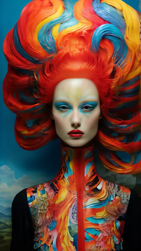 Tim Walker inspired, fashion photograph, whimsical settings, surreal elements, creative storytelling, vibrant colors, (detailed face:1.05), hyperrealistic, NEORALIST. Fashion fusion Art