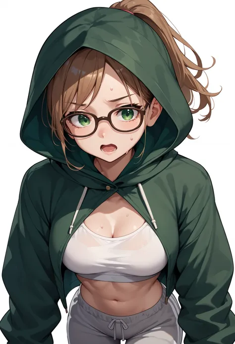 source_anime ,score_9, score_8_ up, score_7, ((White background)) ((japan woman)) ((1girl)) (solo girl) ,30 years old, rathing_questionable (dark Green jacket:1.4) (White crop top) (Gray sweatpants:1.2), green eyes , (ponytail) ,(Brown glasses:1.3) ((bre...