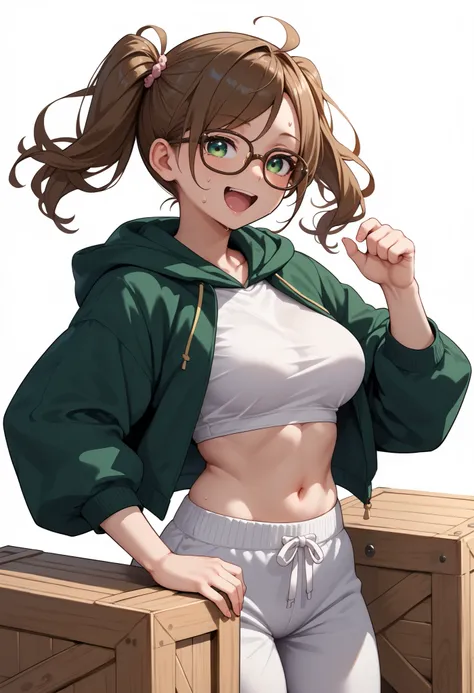 source_anime ,score_9, score_8_ up, score_7, ((White background))  ((japan woman)) ((1girl)) (solo girl) ,30 years old, rathing_questionable (dark Green hood jacket:1.4) (White crop top) (Gray sweatpants:1.2),  green eyes , (double ponytail) ,(Brown glasse...