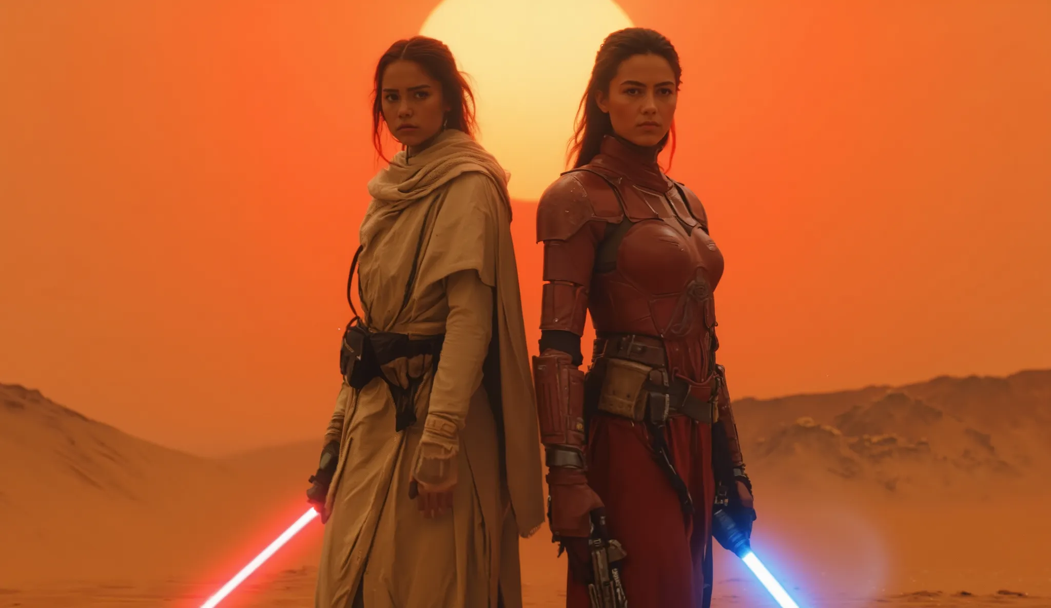 Two female figures, likely young adults, stand back-to-back in a desert landscape.  One wears dark reddish-brown, armored,  functional attire, reminiscent of a warrior or space trooper. The other is dressed in light beige, flowing,  desert-style clothing. ...
