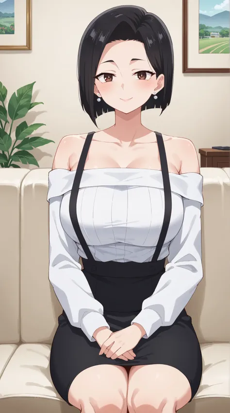 masterpiece, best quality, amazing quality, very aesthetic, only 1girl, sanae yamada, short hair, black hair, brown eyes, skirt, shirt, long sleeves, bare shoulders, jewelry, collarbone, white shirt, earrings, black skirt, off shoulder, suspenders, off-sho...