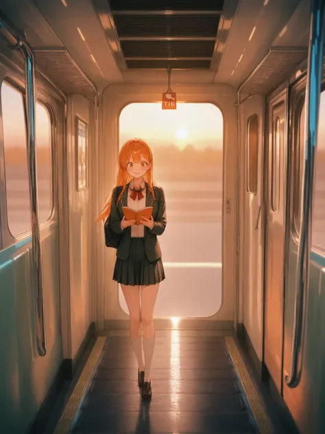at dusk、while warm orange light illuminates the wall、the main character of the high school student scraping through the crowds and landed on the platform {x} and a cute high school girl in uniform is waiting for the train while reading a book。while the two...