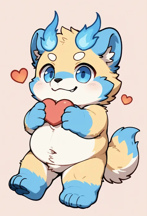 portrait, solo, male, botailang, overweight, young, fur,,tail,blue eyes,chibi,chibi, holding people in hands, heart,