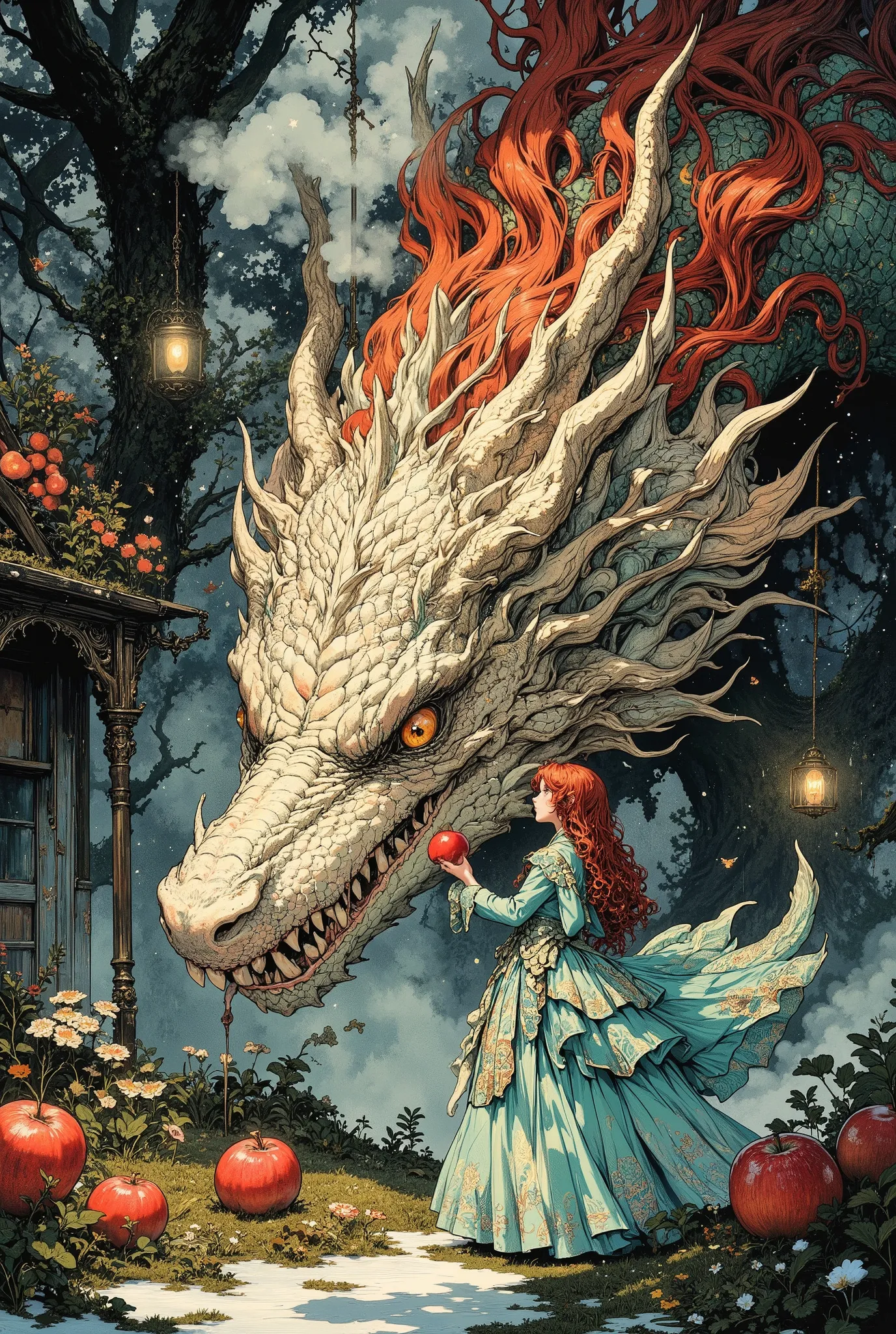 In the heart of a dark old garden, where ancient, moss-covered apple trees stand like silent guardians, a girl with long red curly hair peacefully feeds red apples to a huge terrifyingly beautiful fantastic dragon covered with rainbow scales, shimmering in...
