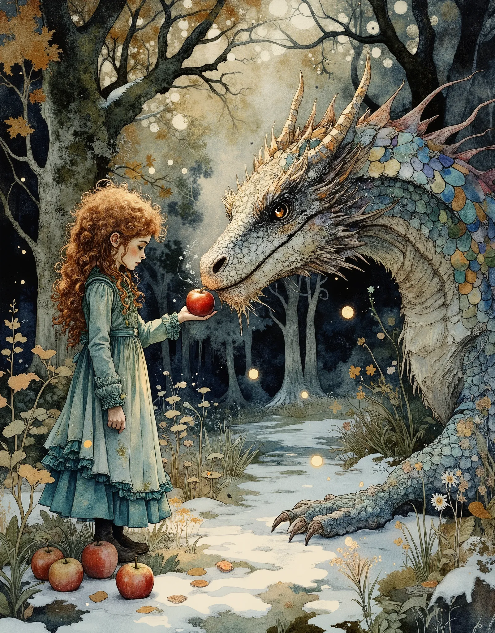 In the heart of a dark old garden, where ancient, moss-covered apple trees stand like silent guardians, a girl with long red curly hair peacefully feeds red apples to a huge terrifyingly beautiful fantastic dragon covered with rainbow scales, shimmering in...