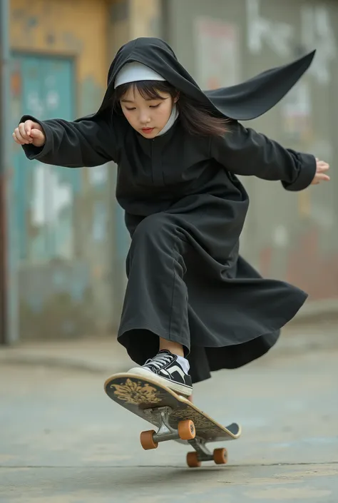 asian girl is a black nun and plays skate board fakie ollie