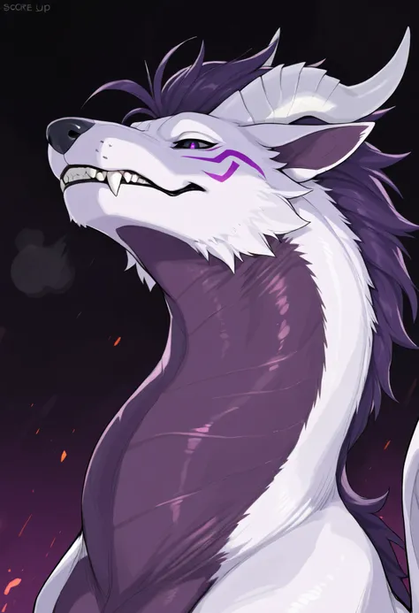 score_9, score_8_up, score_7_up, score_6_up, masterpiece, best quality, amazing quality, very aesthetic, absurdres, newest, solo, male, fox dragon hybrid, feral, massive physique, sleek body, scaly dark purple underbelly, black eyes with purple pupils, mon...