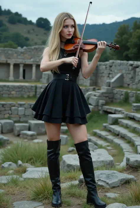 Create a realistic photograph of a beautiful 20-year-old girl with fair skin and long straight blonde hair. She is wearing a gothic-style mini dress and black boots. Capture her in a dynamic pose while playing a violin, showcasing her full body. The backgr...