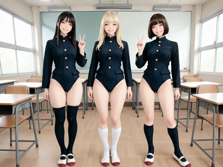 masterpiece, best quality, amazing quality, very aesthetic, absurdres, indoors, classroom, ((multiple girls)), japanese, long hair, short hair, bob cut, blonde hair, black hair, brown hair, perfect face,gakuranswim, black high-leg leotard,long sleeves,blac...