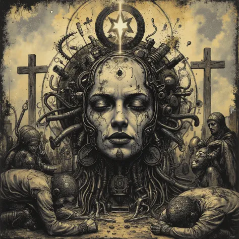 a grunge and chaotic music album cover containing the face of a robotic being enveloped in a divine and religious aura, making him the deity of a religious sect in a world of destroyed machines in a post-apocalyptic, arid and sad atmosphere. in the backgro...