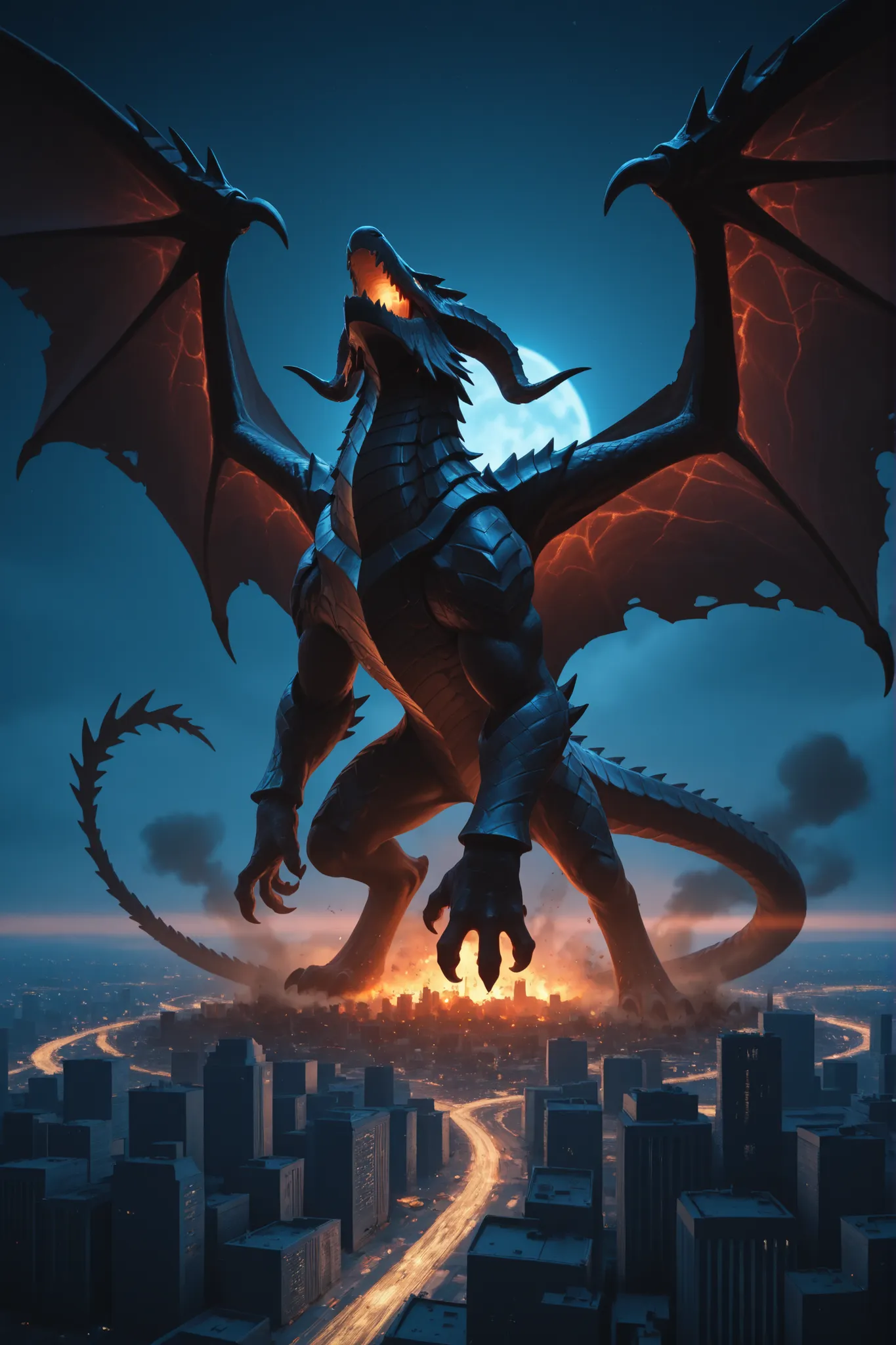 the mystical beast like bahamut landed in the city, bring destruction in the dark sky, majestic, HD, detail