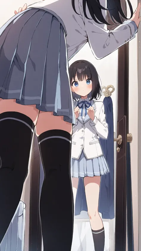 masterpiece, best quality, anime style, solo, androgynous boy, short straight black hair, soft bangs, delicate features, slight blush, wearing white and silver schoolgirl uniform (white blazer, pleated skirt, soft blue ribbon), black thigh-high socks, stan...