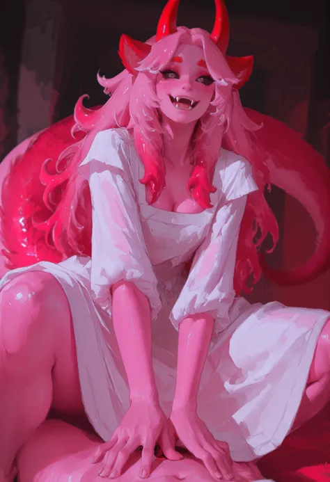 solo, girl, pink skin, very long watery-liquid hair, fangs, black eyes with no visible sclera, red horns on top of her head, smooth skin long thick tail covered with red fur at the tip. Wearing dress.Random pose. Blushing face. 