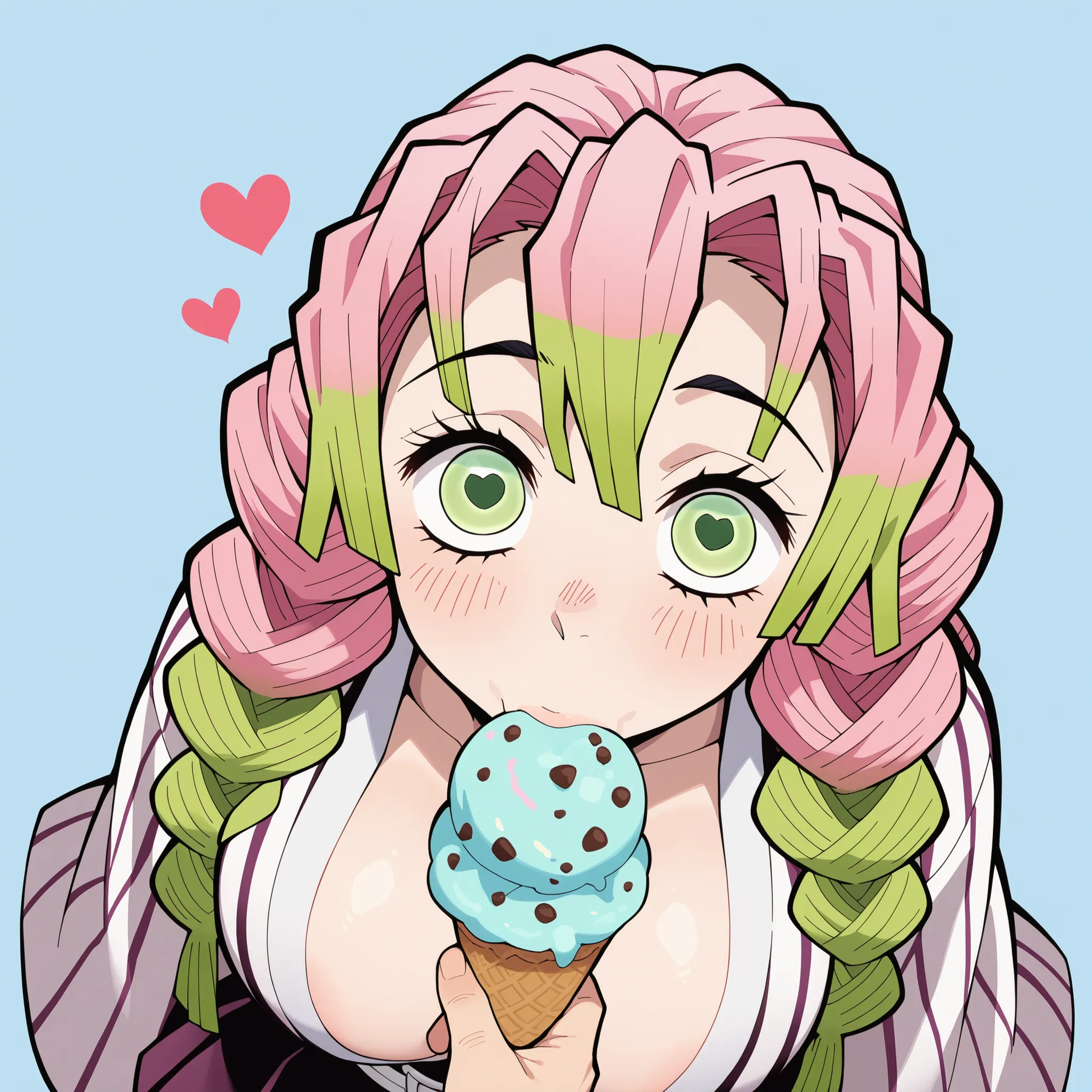 vintage, Mitsuri ( Demon slayer) pink hair, big huge bobbies, mitsuri clothes, sucking a ice cream , upper view, top view, hearts around, looking up 