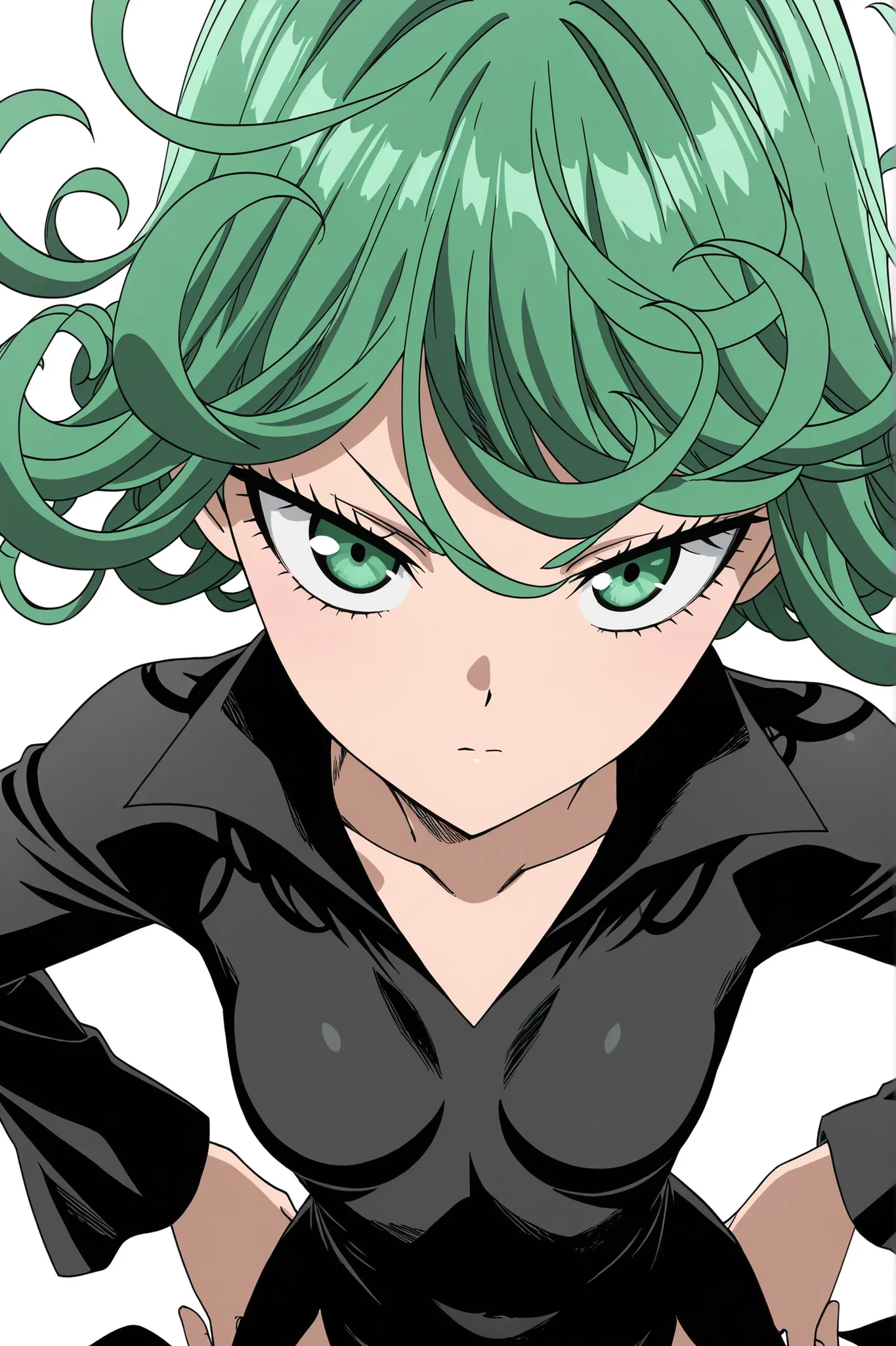  white background, simple background, highly detailed, anime coloring, (masterpiece), (best quality), (ultra-detailed), (anime screencap), (anime keyvisual), 1girl, solo, tatsumaki, short hair, curly hair, small breasts, long sleeves, black dress, hands on...
