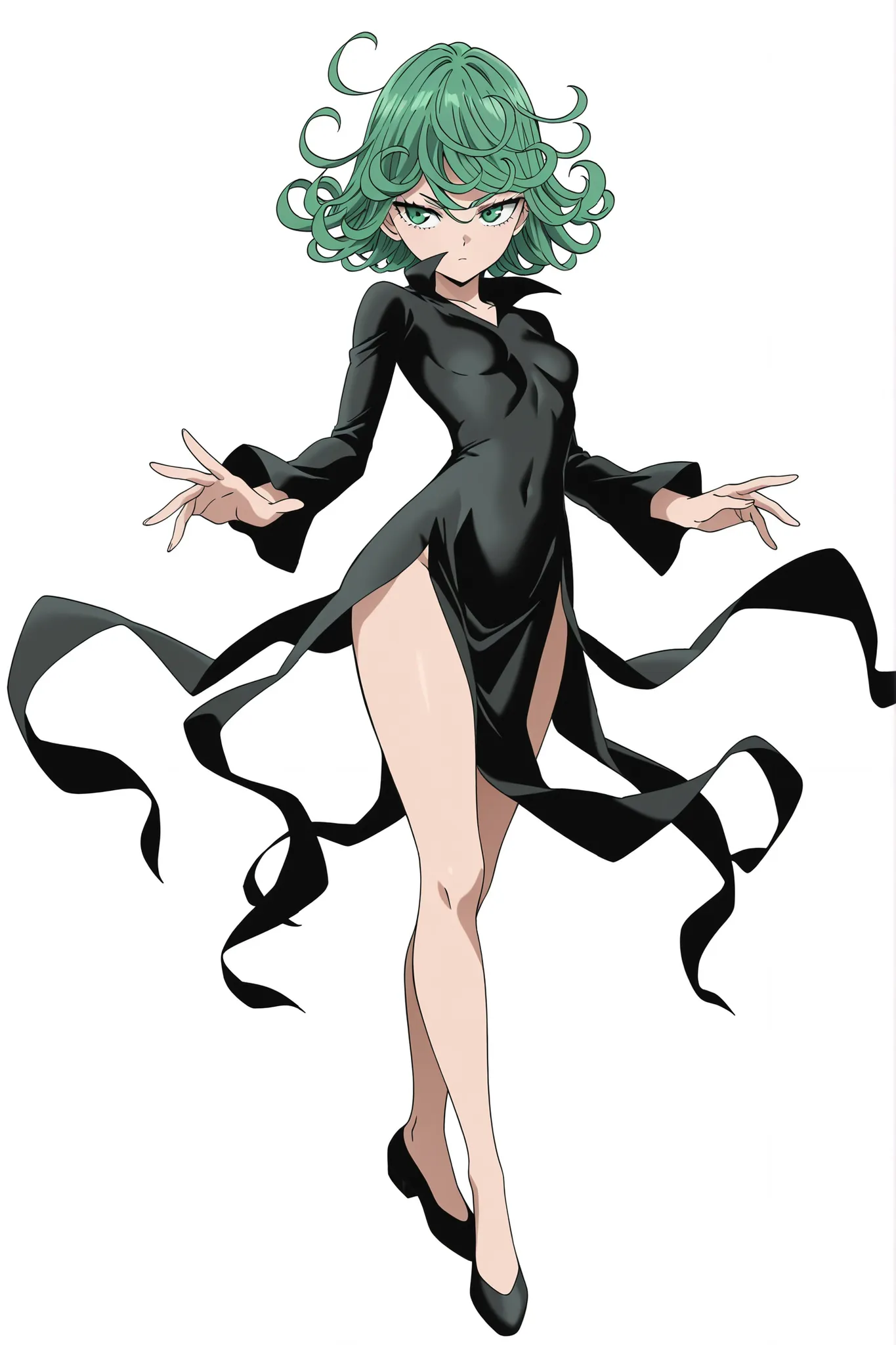  white background, simple background, masterpiece, highly detailed, anime coloring, anime screencap, full body, 1girl, solo, tatsumaki, short hair, curly hair, small breasts, long sleeves, black dress,