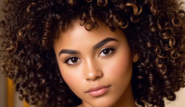 A close-up portrait of a tan-skinned woman with natural curly afro hair, styled in a soft 80s-inspired look. She has full lips, defined eyebrows, and a serene expression as if deeply immersed in music. The lighting is dramatic and soft, emphasizing her fac...