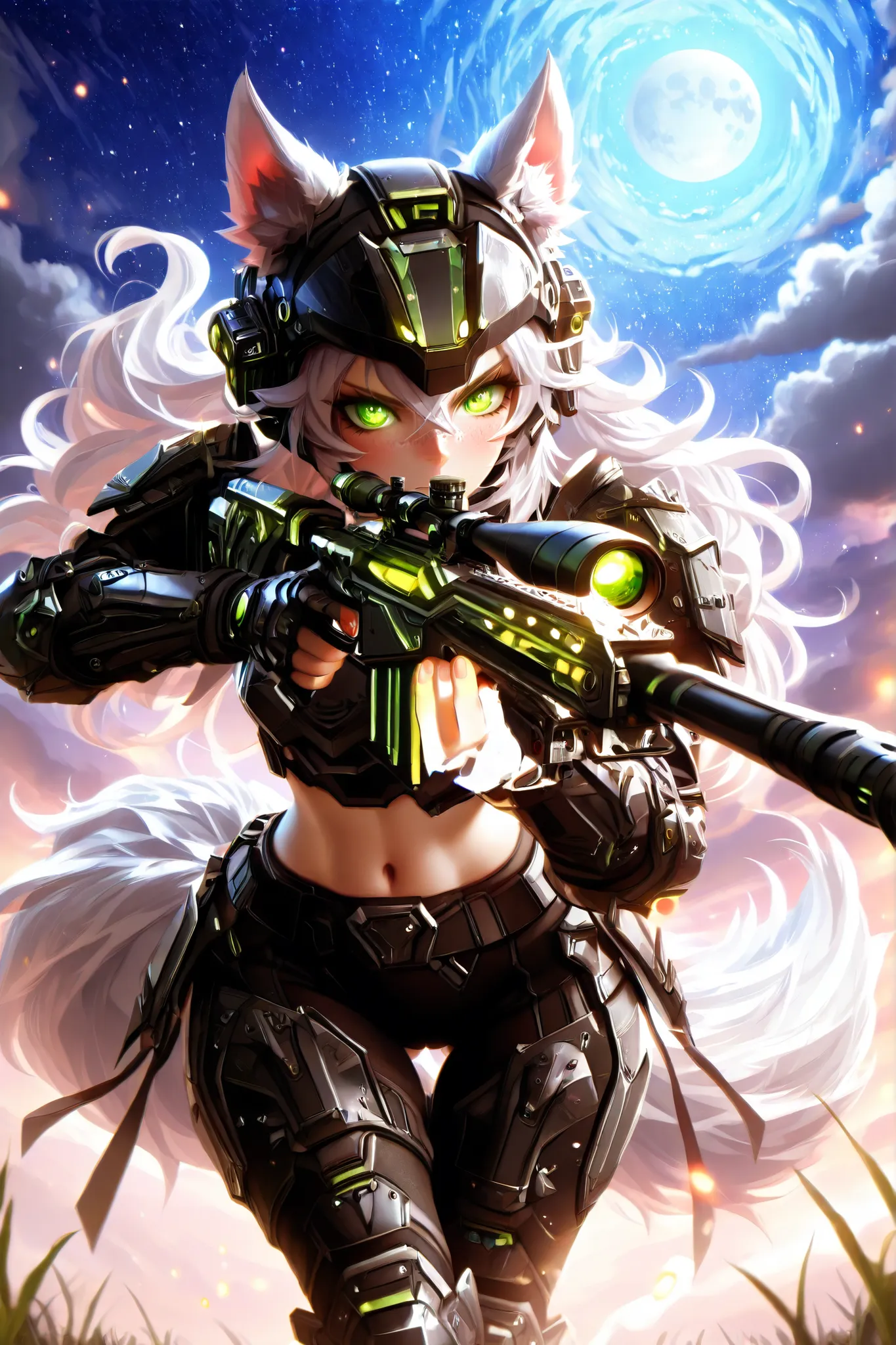 Masterpiece, best quality, amazing quality, absurdres, very aesthetic, lazypos, 3D, 1 woman, (woman , tall, slim, medium-big chest, large hip, silver long hair, fluffy hair, wolf ears, fluffy ears, wolf eyes, fluffy tail, clear skin), smooth natural moonli...